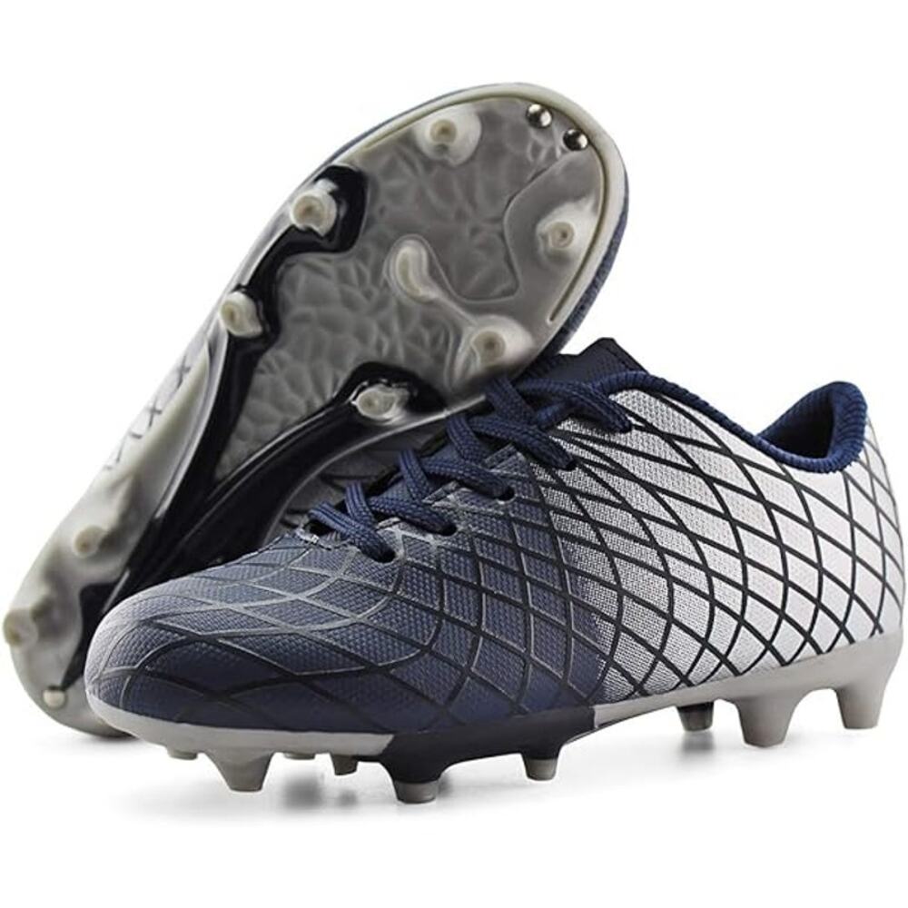 Kids Outdoor Soccer Cleats Athletic Firm Ground Football Shoes, Navy Silver, 3.5